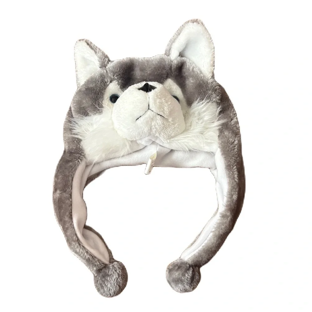 Alaska Kids Plush Husky Dog Hat Wolf NEW Gray Long Ear Scarf